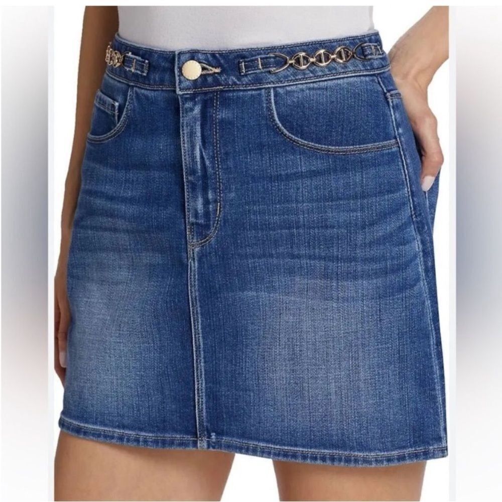 L'AGENCE Blue Denim Mini Skirt with Gold Accents, size 28